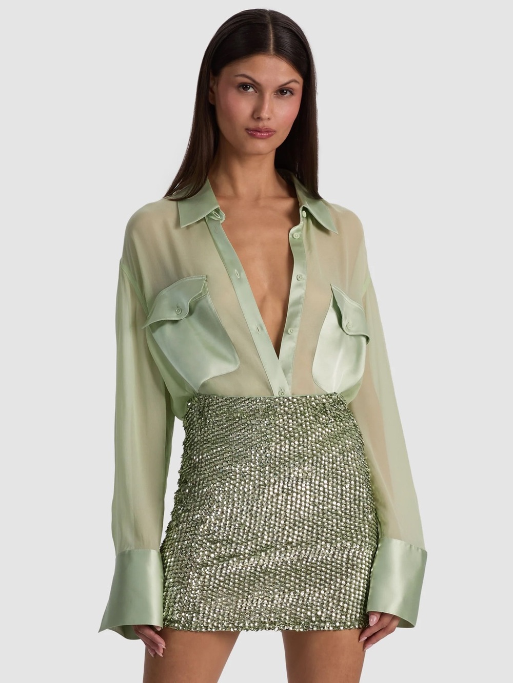 Alice and olivia Sheer Satin-Trim Button Front Top in Light Green